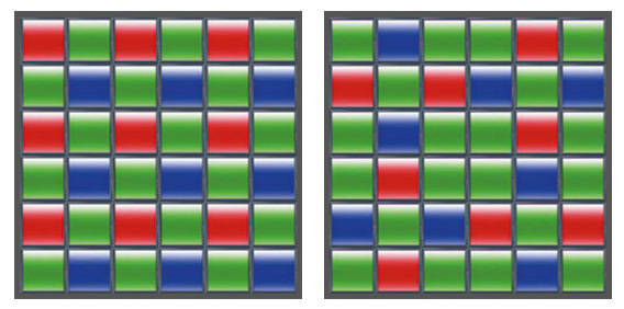 Links: Klassisches Bayer-Muster, rechts davon der Sensor der X-E1