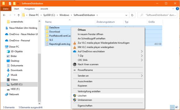 Screenshot Windows-Explorer mit Ordner SoftwareDistribution