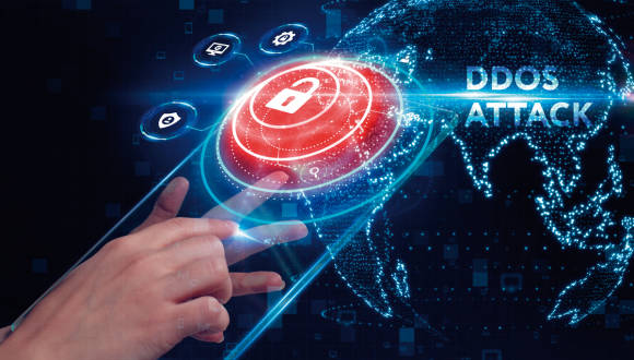 Symbolbild zeigt Online- und Sicherheits-Piktogramme und den Begriff "DDOS Attack" 