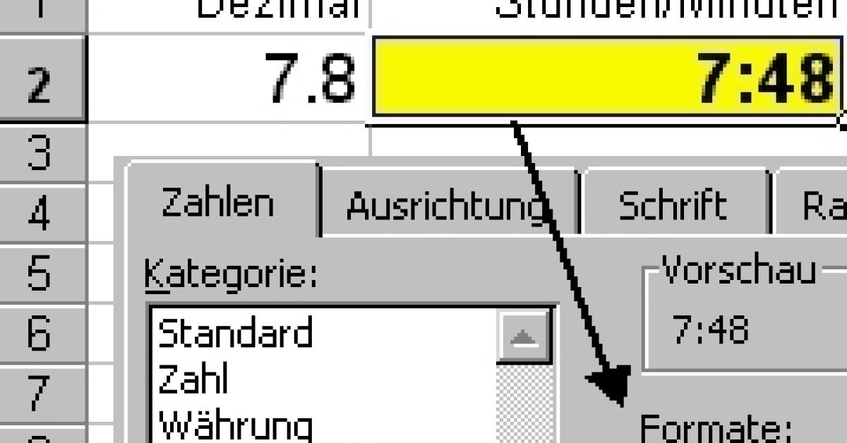 Dezimalstunden in Stunden und Minuten umrechnen Excel pctipp.ch