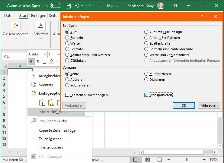 Excel: Tabelle um 90° drehen, Zeilen zu Spalten machen 