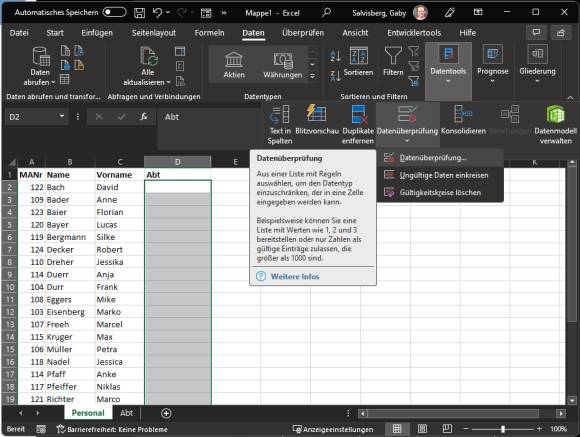 Ausgeklapptes Menü Datentools