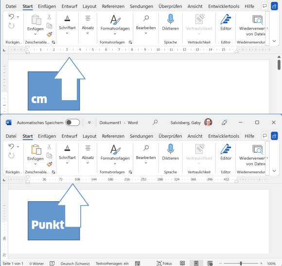 Zwei Word-Fenster, mit Zeilenlineal je einmal in Zentimetern und in Punkten