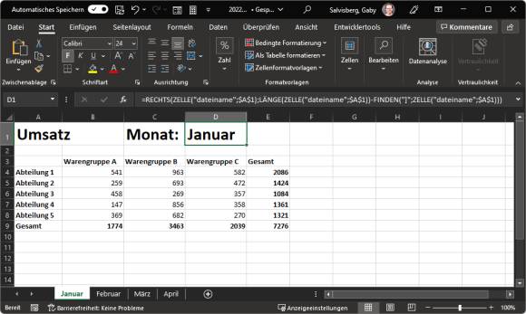 Ein Excel-Arbeitsblatt mit dem Blattnamen in einer Zelle