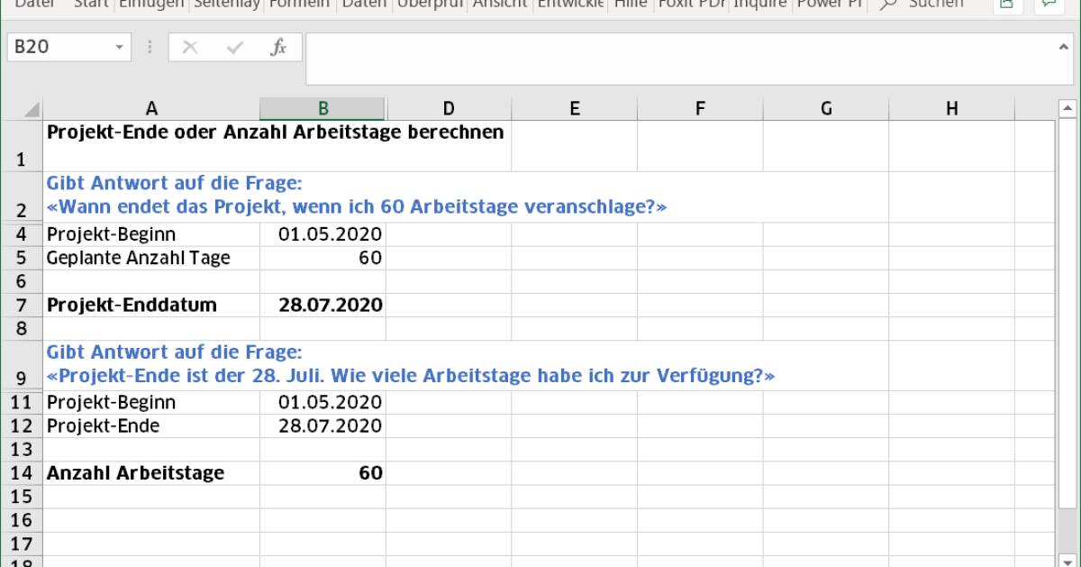 Excel: Arbeitstage für Projekt berechnen - pctipp.ch