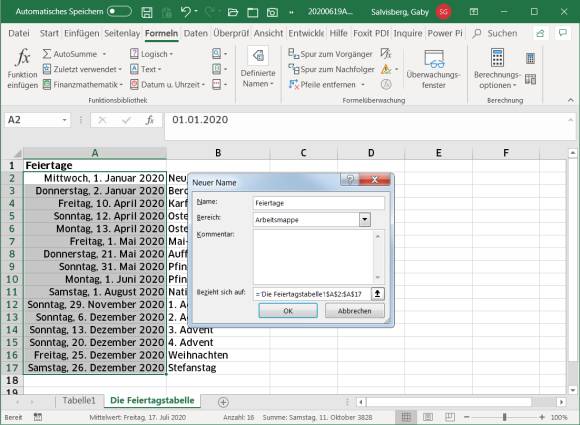 Excel Feiertagsliste mit Dialogbox für Namen definieren