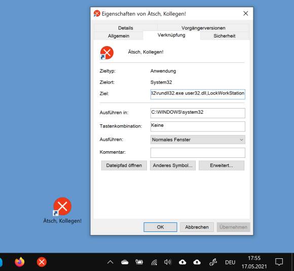 Screenshot Verknüpfungen auf Desktop und Taskleiste, und Verknüpfungseigenschaften