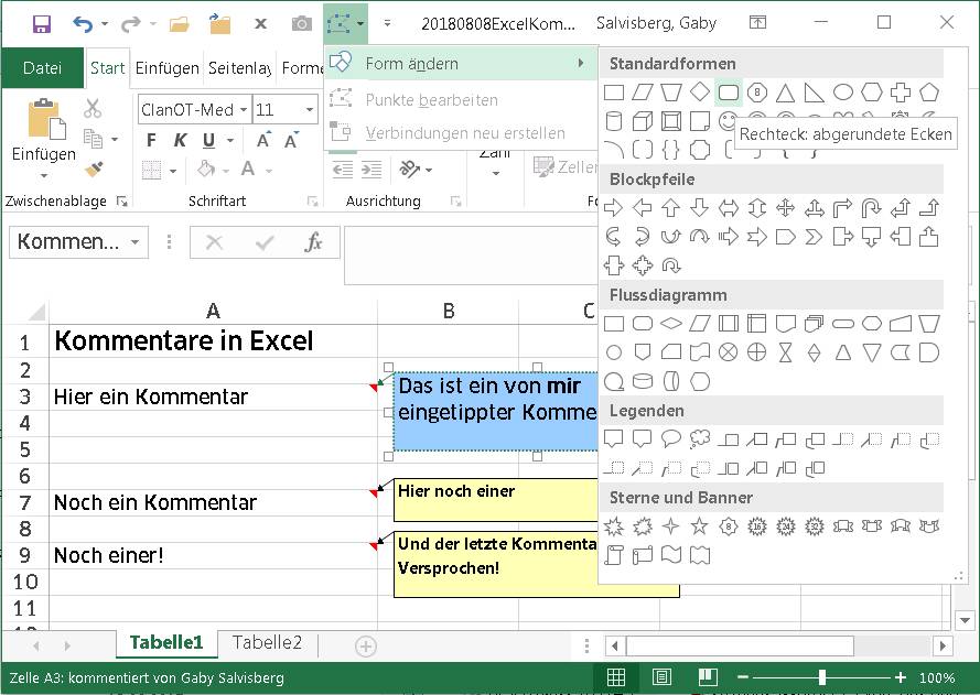 Excel standardformat des notizen bzw kommentarfelds ndern geht