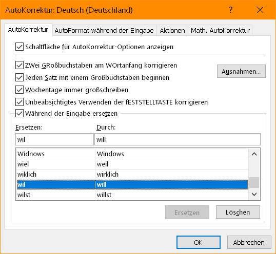 AutoKorrektur-Einträge in Excel