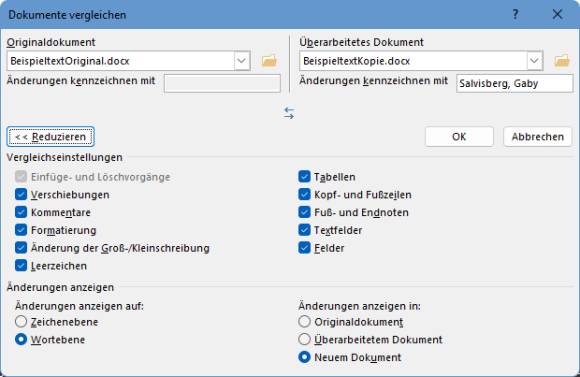 Fenster mit den Vergleichsoptionen in Word