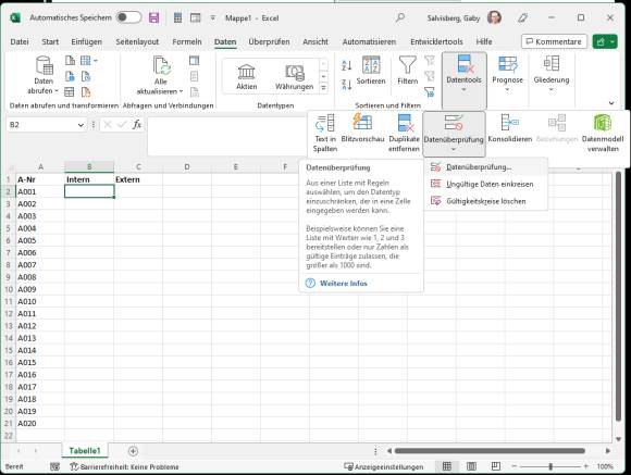 Excel-Screenshot mit dem Menü, das die Gültigkeitsprüfung enthält