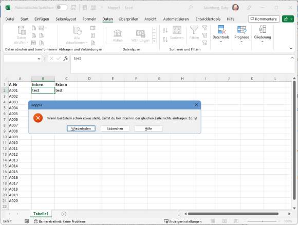 Excel-Tabelle mit der Fehlermeldung, die erscheint