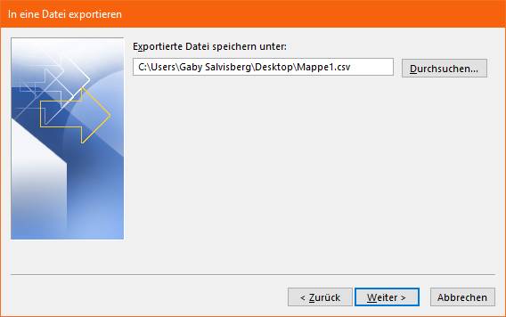 Lassen Sie Outlook den Ordner als CSV-Datei speichern Screenshot Outlook-Exportvorgang