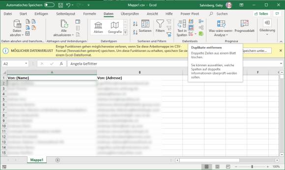 Screenshot Mailadressen in Excel