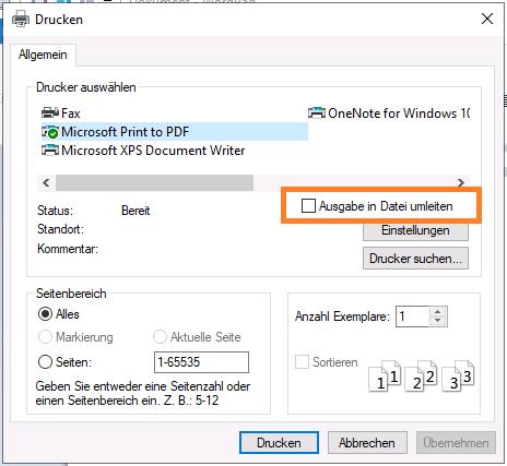 Deaktivieren Sie die Option «Ausgabe in Datei umleiten» In einem klassischen Druckdialog ist die Option "In Datei umleiten" eingerahmt