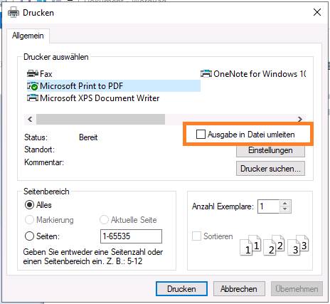 In einem klassischen Druckdialog ist die Option "In Datei umleiten" eingerahmt