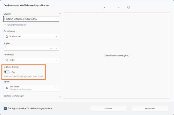 Screenshot des Windows-11-Druckdialogs