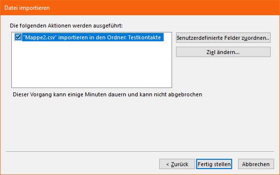 Die Felder-Zuordnung müssen Sie selbst vornehmen Screenshot Outlook Importdialog