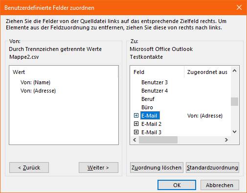 Die Zuordnung der CSV-Felder zu den Outlook-Kontakt-Feldern erfolgt einfach per Maus bzw. Drag&Drop Screenshot Felderzuordnung