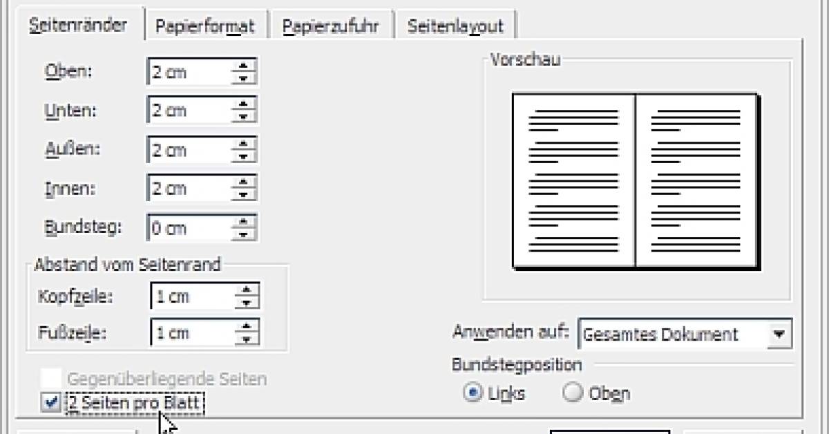 Word2000Handbuch 2 Seiten DIN A5 auf eine Seite DIN A4 quer drucken pctipp.ch