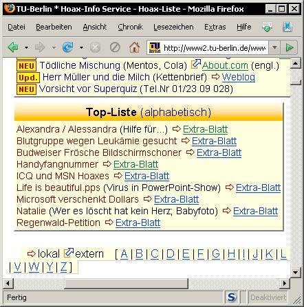 Screenshot: Hoax-Datenbank der TU Berlin mit alphabetischem Lexikon