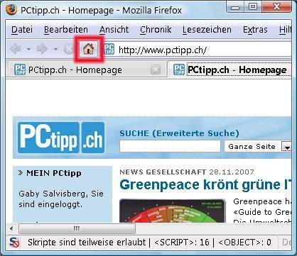 Mit gedrückter Ctrl+Taste angeklickt, öffnet das Home-Symbol die Startseite in einem neuen Tab.