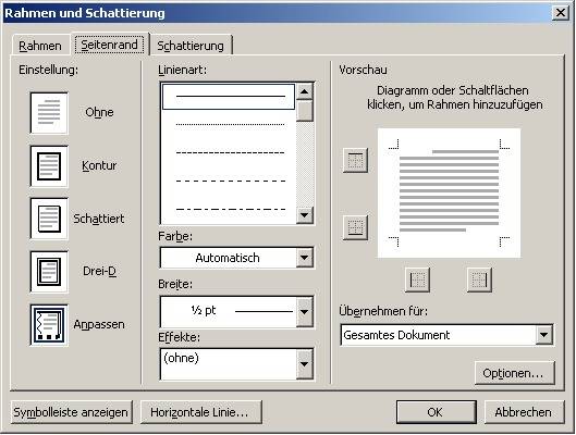 Allfällige Linien an einem der Seitenränder lassen sich hier direkt durch Klicken hinzufügen und entfernen