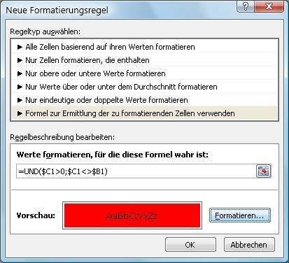 Die bedingte Formatierung, hier in Excel 2007