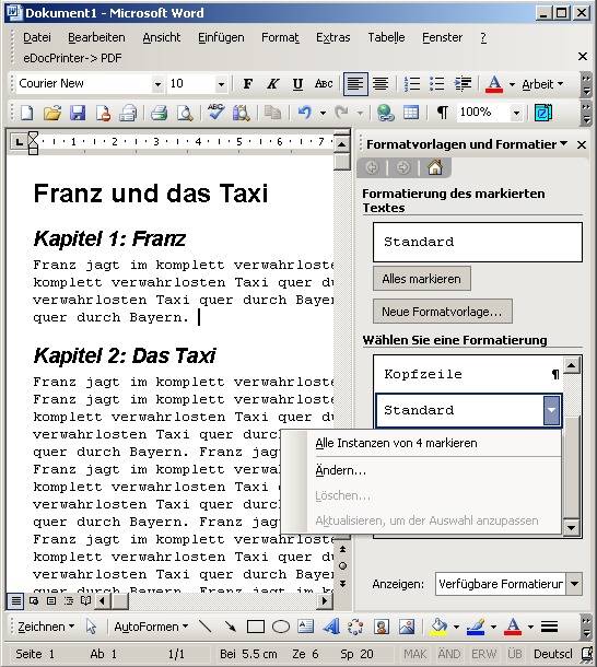 Über das Kontextmenü können Sie Formatvorlagen ändern