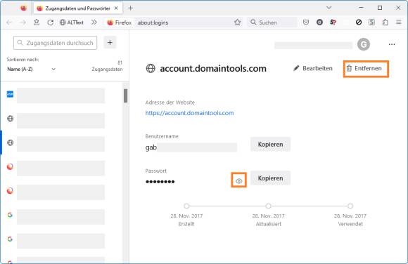 Firefox-Kennwort-Details. Die Befehle Entfernen und Anzeigen sind markiert