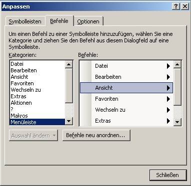 Menüs anpassen, hier in Outlook 2003