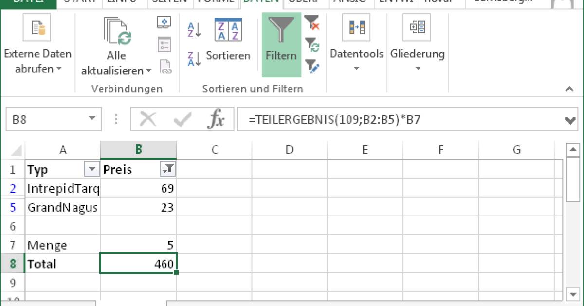 Excel: Rechnen mit nach Autofilter übrig gebliebenen ...