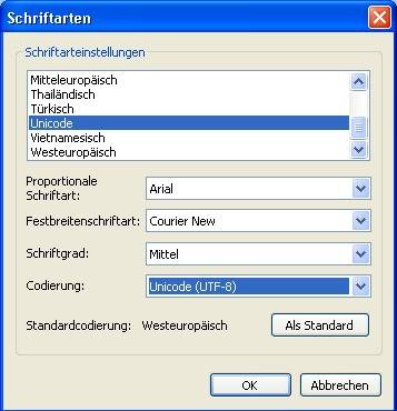 Wählen Sie für Unicode die Codierung UTF-8 aus