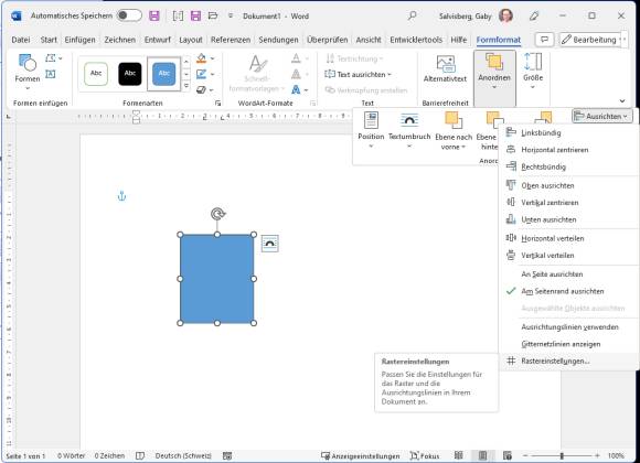 Word-Screenshot zeigt das Öffnen des Raster-Befehls aus den Bedienelementen