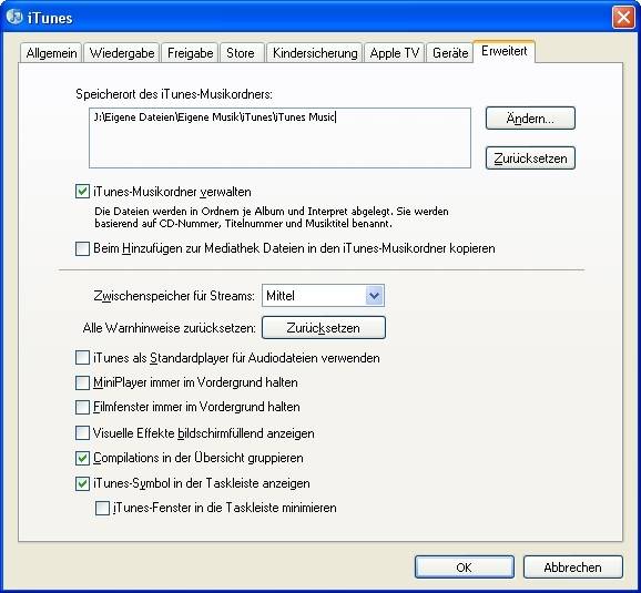 Die Speicherort-Einstellung in iTunes