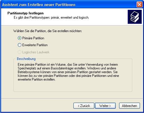 In den meisten Fällen ist eine primäre Partition das Richtige