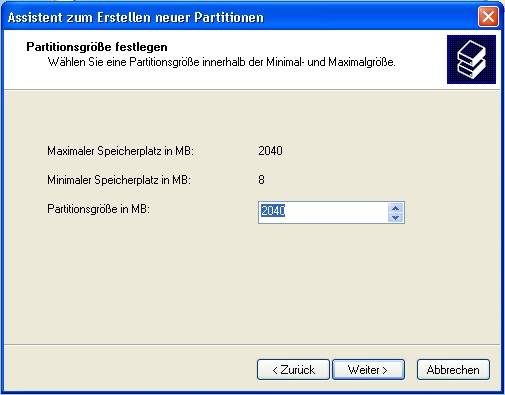 Weisen Sie der neuen Partition den gesamten Platz zu