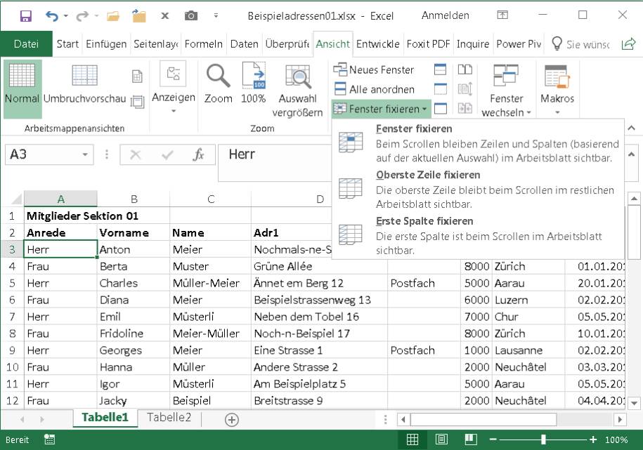 Excel Spalten und Zeilentitel festklemmen pctipp.ch