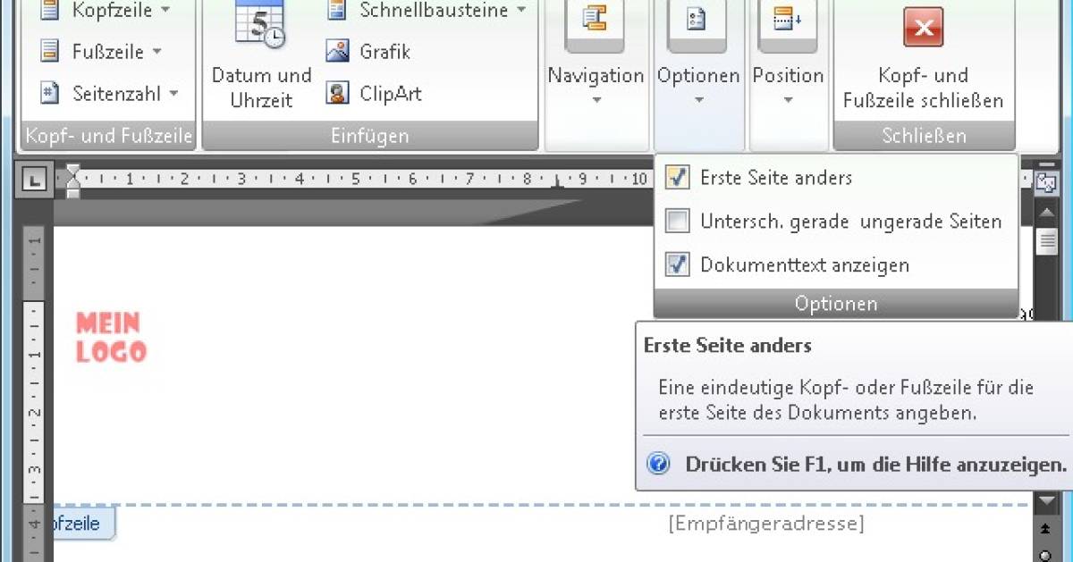 Word 2007 Kopfzeile nur auf der ersten Seite pctipp.ch