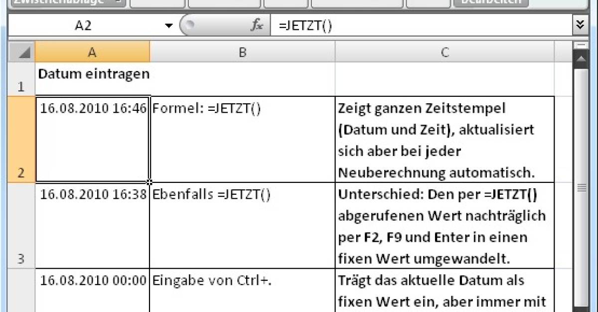 Excel Datum Automatisch Einfügen Nicht Aktualisieren