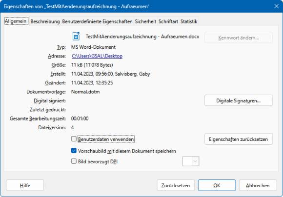 Die Eigenschaften der Datei in LibreOffice Writer