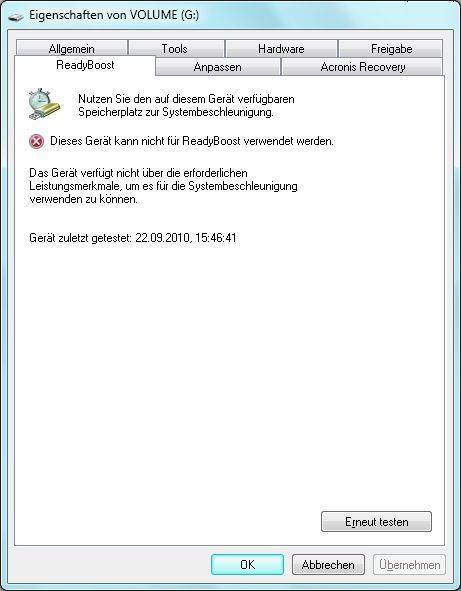 Screen 3: Ist ein USB-Stick nicht ReadyBoost-tauglich, reklamiert Windows