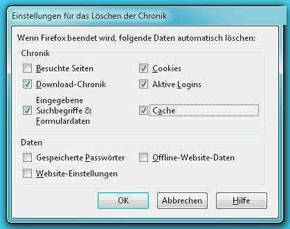 Wählen Sie, was beim Beenden von Firefox gelöscht werden soll