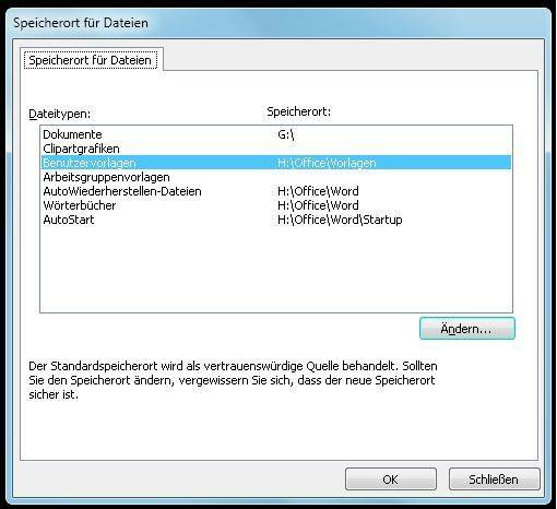 Screen 2: Hier finden Sie den Speicherort Ihrer Word-Vorlagen