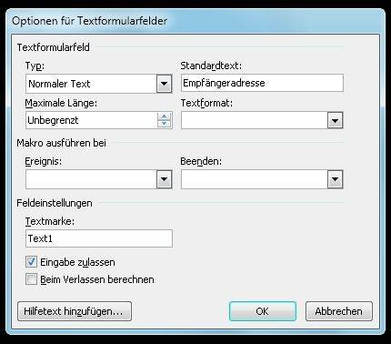 Erstellen Sie in Ihrer Vorlage die Textfelder für Betreff, Brieftext, Empfängeradresse etc.