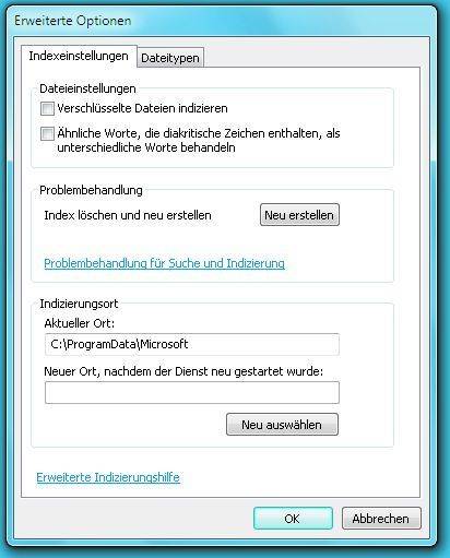Screen 2: Wenn die Suche nichts mehr findet, sollten Sie den Index neu erstellen