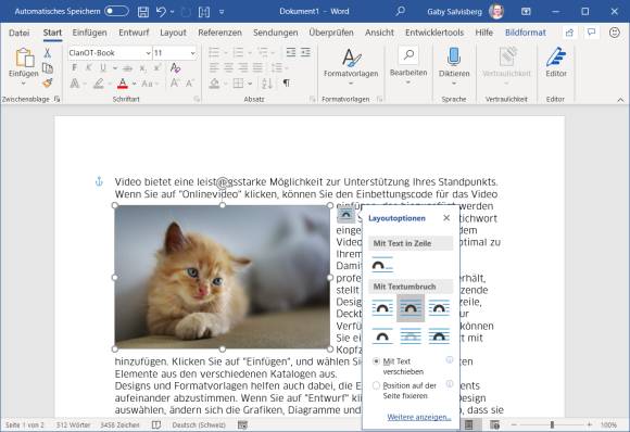 Screenshot Word mit Bild eines Kätzchens und dem aufgeklappten Textumfluss-Menü