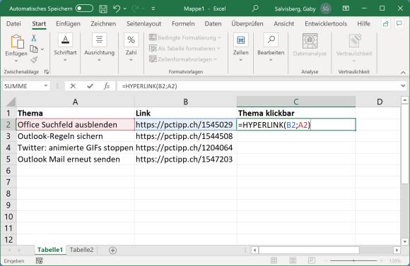 Screenshot Excel mit Formel