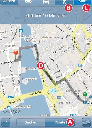 Screen 4: Google Karten auf dem Handy ist ebenfalls für Fussgänger geeignet