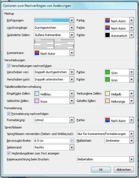 Screen 3: Definieren Sie, wie Word die Änderungen im Text darstellt